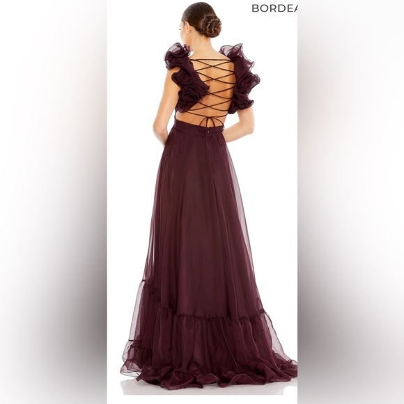 NWT | Mac Duggal Bordeaux 67911 Ruffle Tiered Cut-Out Chiffon Gown Size 8 - Picture 3 of 14